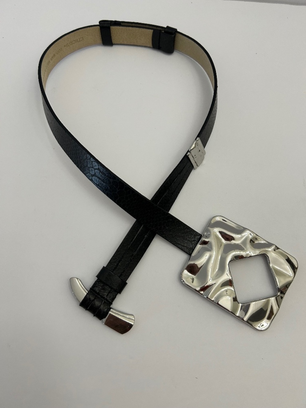 Chico’s Black Reptile Pattern Adjustable S-M Belt with Silver Buckle